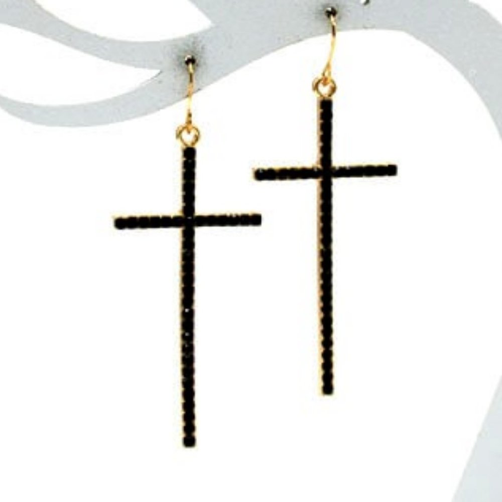 Gold Metal Black & Clear Cross Earrings